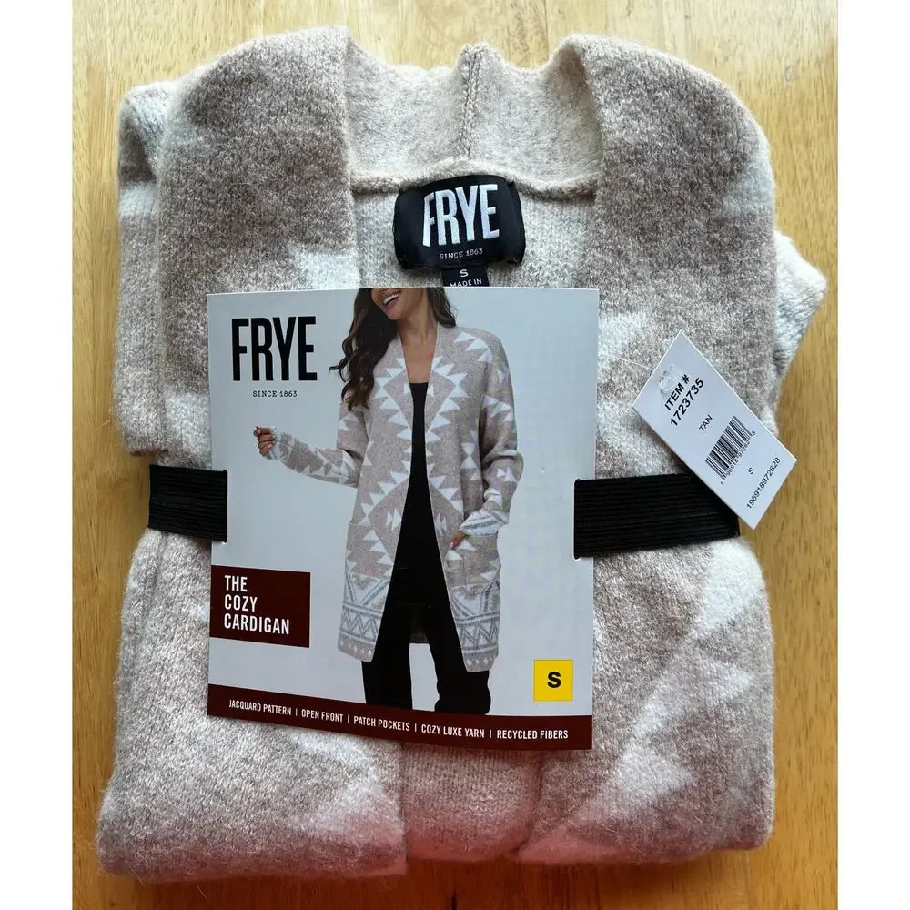 Frye Cozy Cardigan Southwestern Aztec Print Open Front NWT Tan White